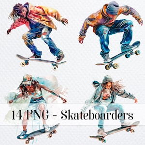 14 Skateboarder Clipart, Skateboarding Urban Art, Printable Watercolor Skateboard clipart for sublimation, Paper craft, junk journal