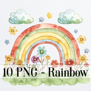12 arco iris PNG con paquete de flores, arco iris de acuarela de vivero, imágenes prediseñadas de arco iris lindo para sublimación, descarga digital, artesanía de papel