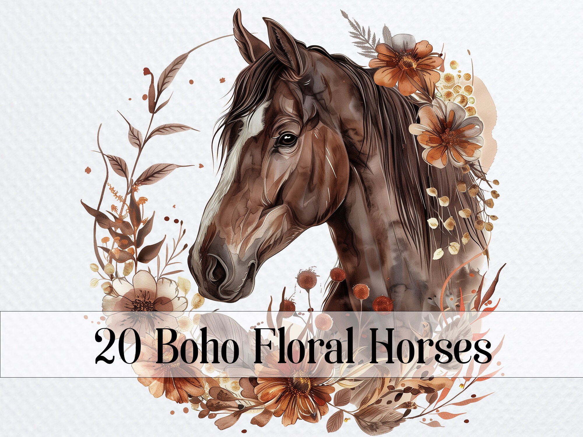 20 Floral Horses Clipart in Brown Boho Floral, Printable Watercolor ...