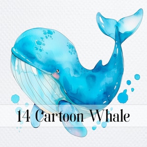 14 Cartoon Wal PNG Clipart, Wal Illustration, druckbare Aquarell Cartoon Wal png für Sublimation, Wal Papierhandwerk, Junk Journal