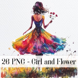 26 bundle PNG di ragazza e fiore, clipart stampabile di ragazza floreale ad acquerello, png di donna floreale per pacchetto di sublimazione, artigianato di carta, diario spazzatura