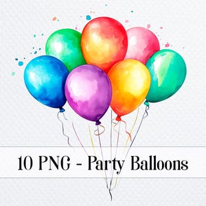 10 Party Balloons Bundle, Coloured Balloons Printable Watercolor PNG Clipart for sublimation, High Quality, Digital download, Paper crafts