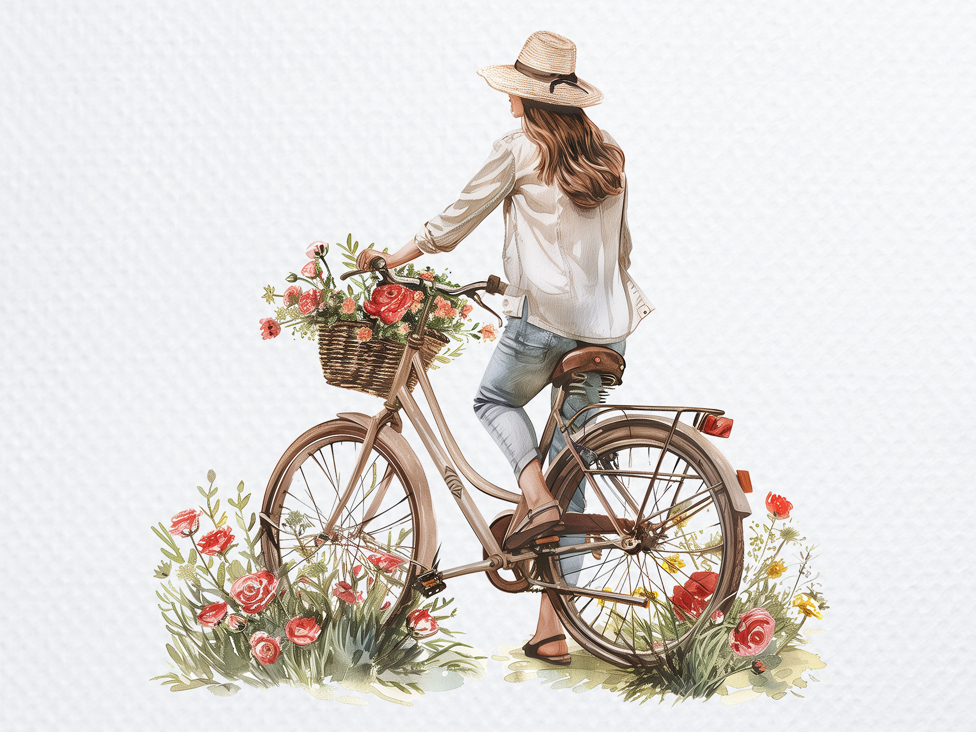 12 PNG Woman on Bicycle Clipart Bundle, Printable Watercolor Floral Bicycle Images for ...
