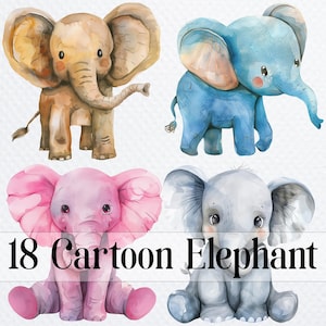 18 Cartoon Elephant PNG Bundle, Baby Elephant Printable Watercolor clipart for sublimation, Digital download, Paper craft, junk journal