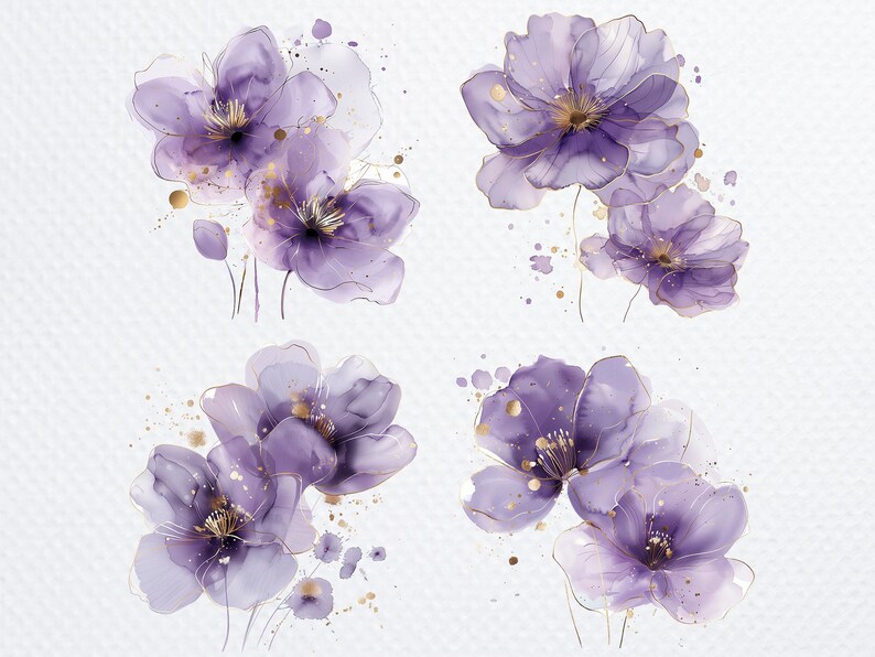 10 Abstract Flowers PNG Bundle, Purple Flowers Printable Watercolor ...