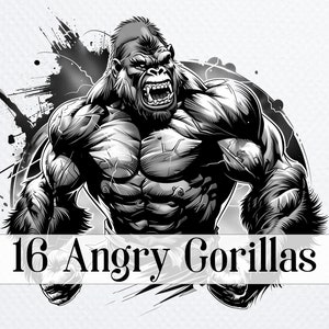 16 Angry Gorilla PNG Clipart, black and white Gorillas sublimation, Printable Watercolor Gorilla, Paper craft, junk journals