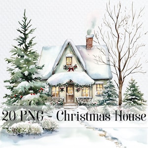 20 Christmas House PNG Bundle, Christmas Card Clip Art, Wydrukowalny akwarelowy zimowy dom clipart do sublimacji, Papierowe rzemiosło, dziennik śmieci