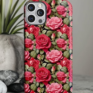Stevige telefoonhoes met bloemmotief, duurzame iPhone- en Samsung-cover, stijlvolle beschermende kleding met rozen, aanpasbaar accessoire, botanisch ontwerp