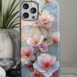 繊細な桜の花のステンドグラスデザインのiPhone、Samsung、Galaxy、Google Pixel用電話ケース、美しい電話ケース、彼女へのギフト
