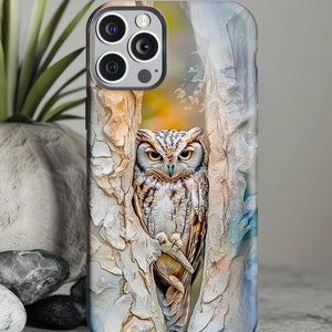 Coque de portable chouette artistique, chouette oeuvre d'art, coque de portable robuste, chouette inspirée de la nature, coque unique pour iPhone, coque Samsung Galaxy, coque Pixel, cadeaux