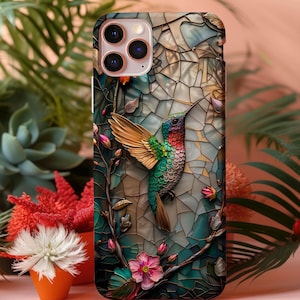 Capa de celular resistente com design de beija-flor para iPhone, Galaxy e Pixel, presente para amantes de pássaros, capa de celular artística estilo mosaico e vitral