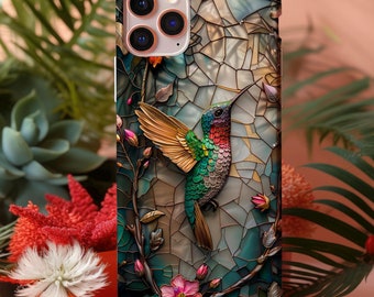Hummingbird Design Tough Phone Case for iPhone, Galaxy and Pixel Phones, Bird Lovers Gift, Mosaic, Stain Glass Style Artistic Phonecase