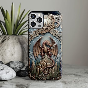 May include: A phone case with a detailed illustration of a red dragon with outstretched wings, perched atop a rocky mountain. The dragon is set against a backdrop of clouds, lightning, and a decorative frame.