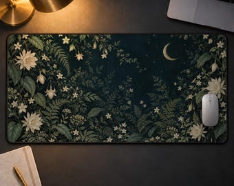 Dark Cottagecore Desk Mat Moody Botanical Large Desk Pad Midnight Celestial Moon Keyboard Mousepad Witchy Aesthetic WFH Office Decor