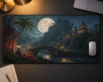 Japanese Fantasy Desk Mat, Full Moon Mountain Gaming Mouse Pad, Asian Pagoda Night Landscape XXL Mousepad, Mystic Bridge Office Desk Pad
