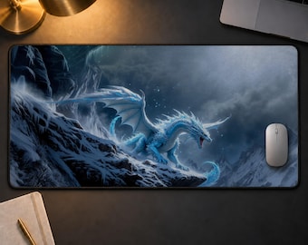 Ice Dragon Desk Mat, Fantasy Gaming Mouse Pad, Epic Winter Beast Large Deskmat, Mythical Monster PC Desk Pad, Cool Gamer Desk Decor Gift
