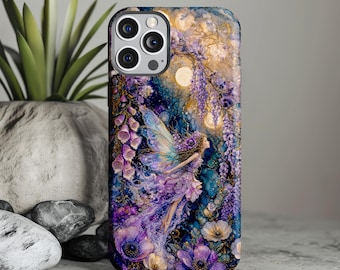 Fairy Phone Case Purple Wisteria Floral Moonlight, Teal Fantasy Ink Art, Cottagecore Botanical Wings, Celestial Garden Glow