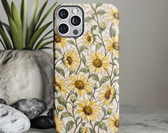 Sunflower Phone Case, Faux Mosaic Floral Phone Cover, Cottagecore Botanical Phone Case, Yellow Summer Flower Gift for Her