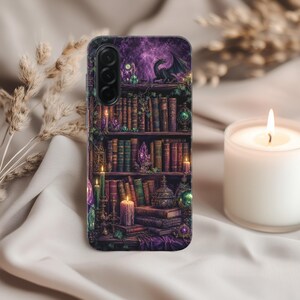 Dark Academia Bookshelf Tough Phone Case, Gothic Dragon Fantasy Book Lover Gift, Witchy Purple Crystal Aesthetic Bookish Phone Cover