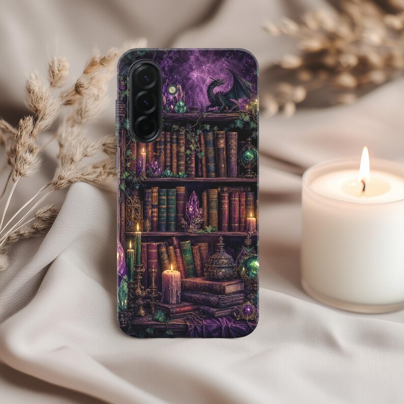 Dark Academia Bookshelf Tough Phone Case, Gothic Dragon Fantasy Book Lover Gift, Witchy Purple Crystal Aesthetic Bookish Phone Cover