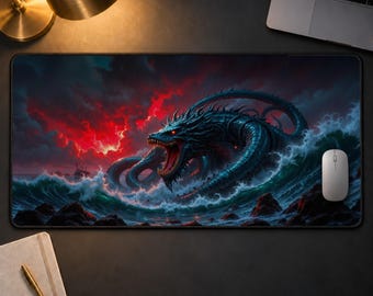 Sea Serpent Desk Mat, Leviathan Gaming Mouse Pad, Dark Fantasy Ocean Monster Desk Pad, Epic Sea Dragon Deskmat, Gamer Gift for Him