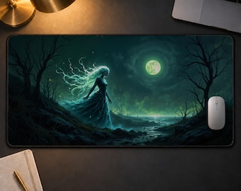 Dark Fantasy Ghost Desk Mat, Glowing Spirit Desk Pad, Gothic Witchy Gaming Mouse Pad, Ethereal Moon Night Mousepad, Dark Academia Decor