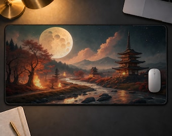 Japanese Pagoda Desk Mat, Aesthetic Full Moon Gaming Mouse Pad, Autumn Mountain Landscape Desk Pad, Cozy Gamer Desk Decor Gift