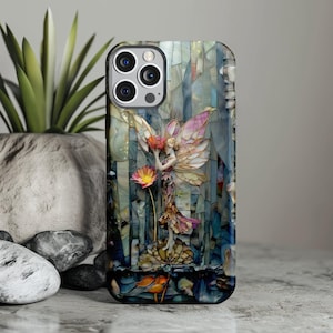 妖精のモザイクステンドグラス風スマホケース、ティールパールのファンタジーウィング水彩画風タフカバー、コテージコア風ギフト（女性向け）