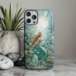 Mosaik sjöjungfru-skal med tufft mobilskal, undervattensblå, målat glas med korallrev, nautisk fantasi, havsdekor