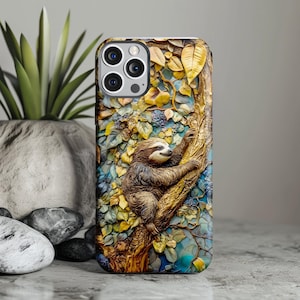 Sloth Tree Art Tough Phone Case for iPhone, Galaxy and Pixel Phones, Nature Inspired Protective Cover, Stained Glass Style Animal Phonecase