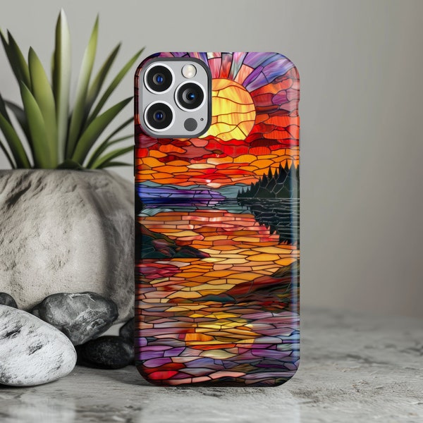 Stained Glass Lakeside Sunset Art Phone Case, Tough Polycarbonate Cover for iPhone and Samsung Galaxy, Vibrant Sunset Phone Case Art