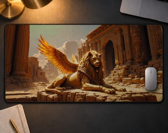 Golden Winged Lion Desk Mat Fantasy Ancient Ruins Gaming Mouse Pad Mythological Creature Extended Mousepad Epic Desk Decor Gift for Gamer