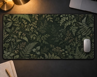 Dark Cottagecore Botanical Desk Mat, Moody Forest Fern Mousepad, Vintage Botanical Desk Pad, Green Leaf Nature Gaming Mat Office Desk Decor