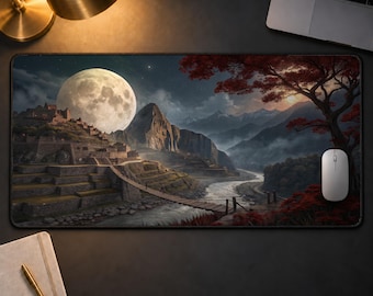 Fantasy Mountain Landscape Desk Mat, Giant Moon Gaming Mouse Pad, Ancient Ruins Desk Pad, Nature Lover Setup, Epic Scenic Desk Mat Gift