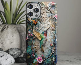 Hummingbird Tough Phone Case, Stained Glass Mosaic Floral Design, Teal Pink Gold Nature Bird Art, Botanical Garden Wildlife Cover
