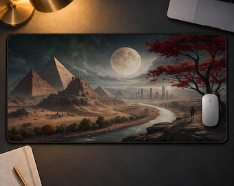 Egyptian Pyramids Desk Mat, Fantasy Sci-Fi Ancient Egypt Mousepad, Large Full Moon River Landscape Gaming Desk Pad, Epic Office Decor Gift