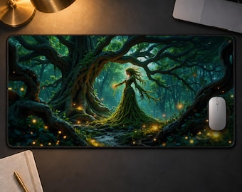 Enchanted Forest Desk Mat, Fantasy Nature Goddess Gaming Mouse Pad, Mystical Tree Spirit XL Desk Pad, Whimsigoth Woodland Gamer Gift