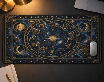 Celestial Zodiac Desk Mat Vintage Astrology Mouse Pad, Dark Academia Celestial Sun and Moon Extended Keyboard Pad, Mystic Witchy Desk Decor