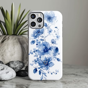 Funda resistente con diseño floral azul y blanco, estilo chinoiserie de Delft para iPhone y Samsung. Carcasa personalizable resistente a impactos.