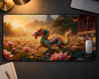 Asian Dragon Desk Mat, Fantasy Lotus Mouse Pad, Chinese Dragon Extended Deskpad, Zen Mythical Gaming Decor, Japanese Aesthetic Gift