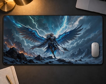 Lightning Valkyrie Desk Mat, Epic Fantasy Gaming Mouse Pad, Angel Warrior Extended Desk Pad, Storm Aesthetic Battle Station Desk Decor