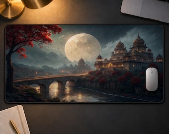 Fantasy Palace Desk Mat, Mystical Castle Full Moon Gaming Mouse Pad, Aesthetic Night Landscape Desk Pad, Cozy Gamer Home Office Decor Gift