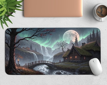 Northern Lights Desk Mat, Fantasy Gaming Mousepad, Nordic Landscape Desk Pad, Aurora Borealis Decor, Gamer Gift, Magical Mat, Personalizable