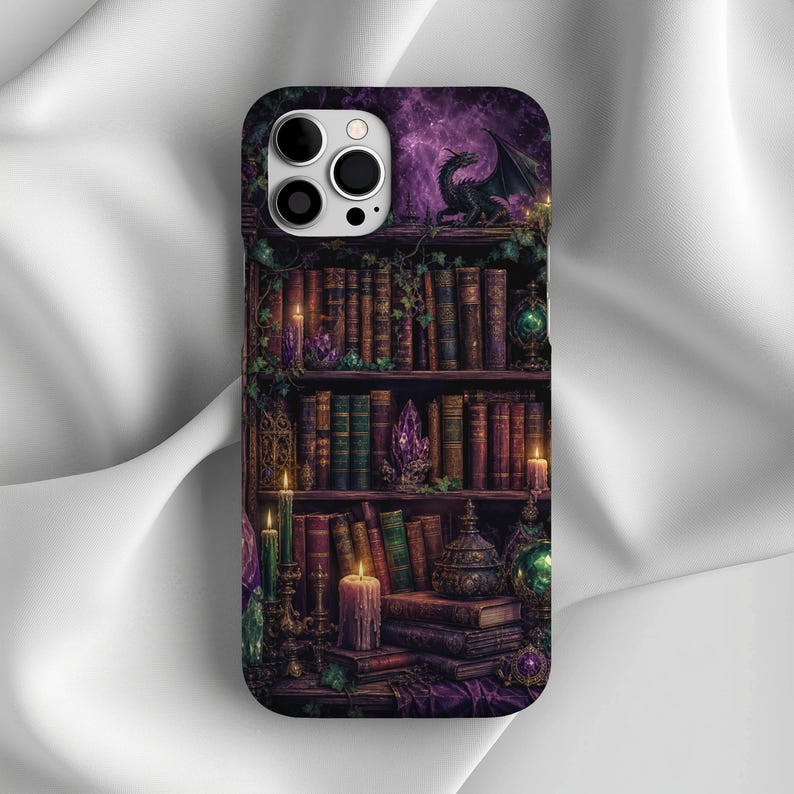 Phone case with a mystical bookshelf, dragon, candles, and crystals in purple hues.