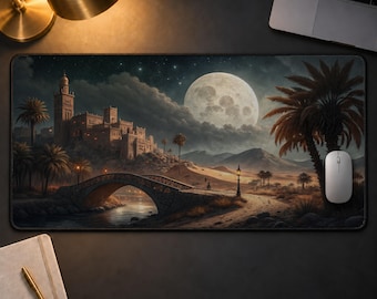 Fantasy Oasis Desk Mat, Mystical Desert Castle Mouse Pad, Full Moon Night Gaming Mat, Magical Arabian Landscape Extended Desk Pad Gift