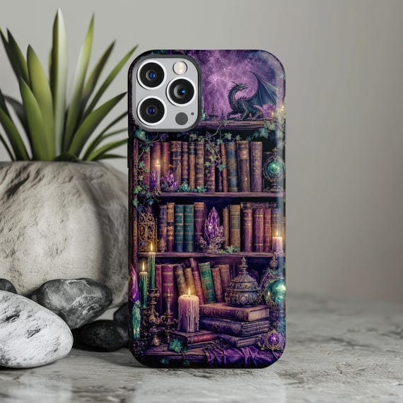 Dark Academia Bookshelf Phone Case, Gothic Dragon Cover with Amethyst Crystals, Fantasy Reader Design