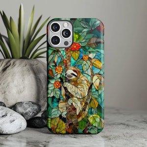Colorful Stained Glass Sloth Look Design Tough Phone Case, iPhone and Samsung Cover, Artistic Protective Case, Fun Sloth Designed Phone Case