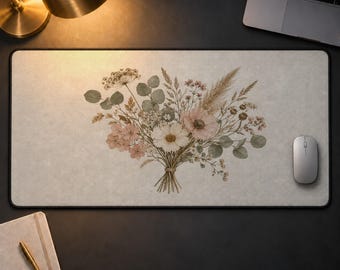 Wildflower Desk Mat, Boho Dried Floral Mouse Pad Large, Cottagecore Botanical Extended Desk Pad, Aesthetic Neutral Office Desk Blotter