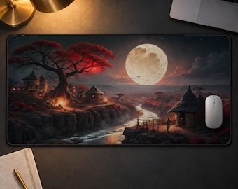 Fantasy Moon Desk Mat, Cozy Gamer Mousepad, Mystic Night River Landscape Extended Mouse Mat, Large Gaming Desk Pad, Aesthetic PC Desk Decor