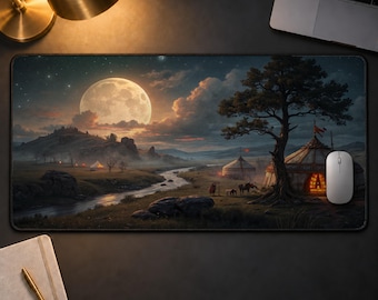 Fantasy Landscape Desk Mat, Giant Moon Nomadic Camp Mouse Pad, Aesthetic Nature Desk Pad, Celestial Gaming Mat, Cozy Desk Setup Decor